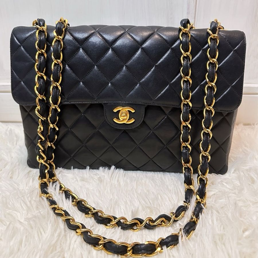［babari_vintage]Chanel vintage 30cm貝嫂包 金扣羊皮-0
