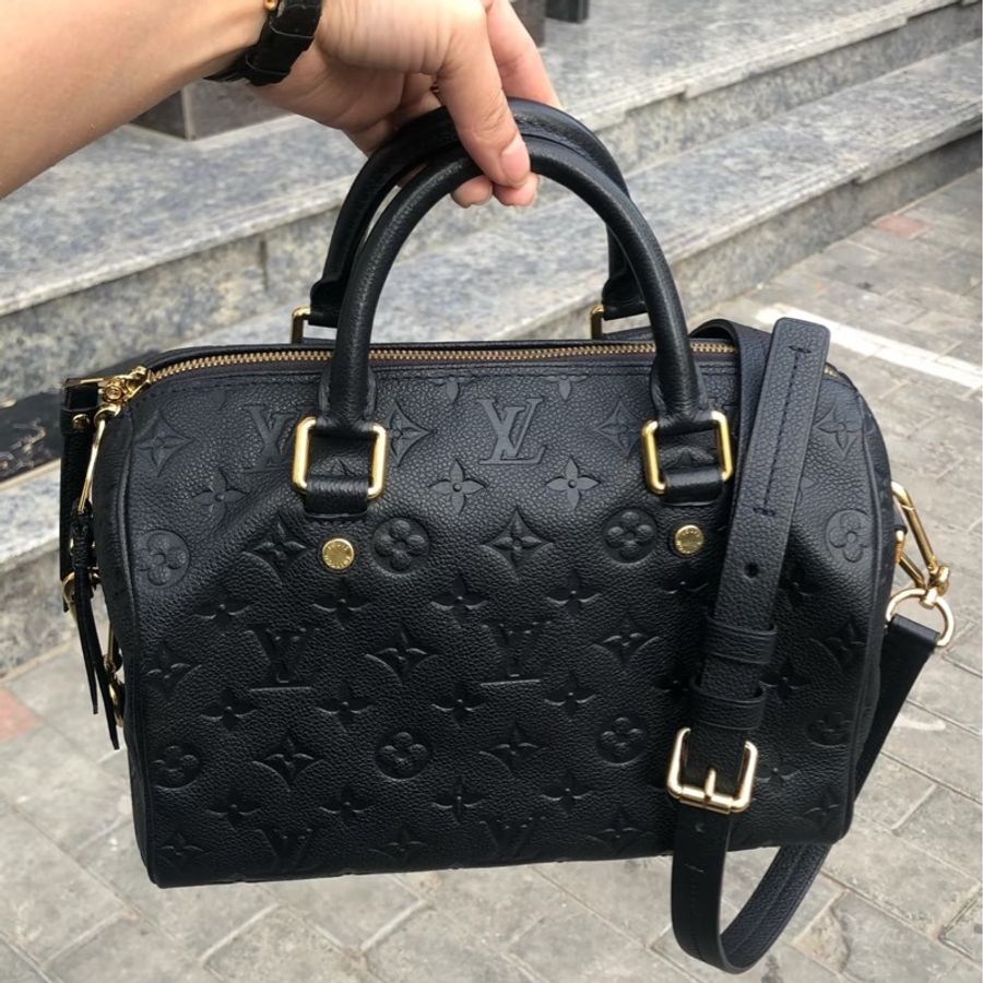 Louis Vuitton • 經典老花皮革壓紋 Speedy 25 藍黑色 附原廠背帶-2