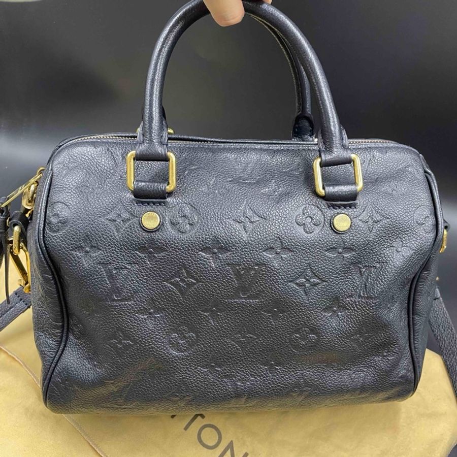 Louis Vuitton • 經典老花皮革壓紋 Speedy 25 藍黑色 附原廠背帶-19