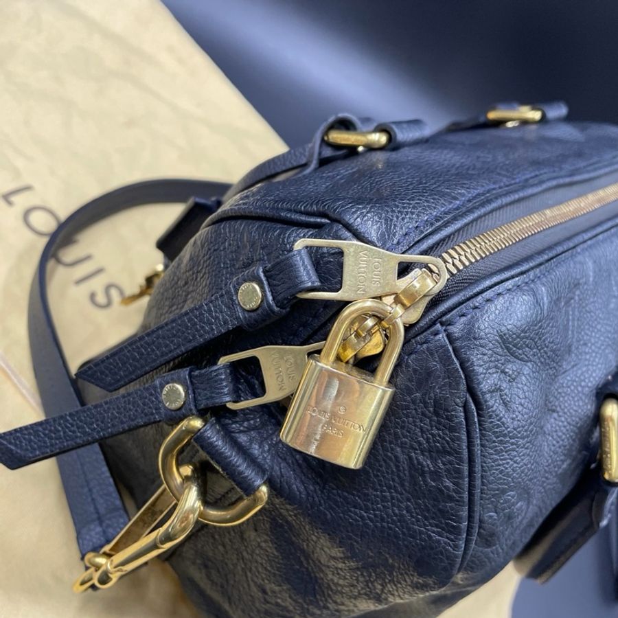 Louis Vuitton • 經典老花皮革壓紋 Speedy 25 藍黑色 附原廠背帶-29