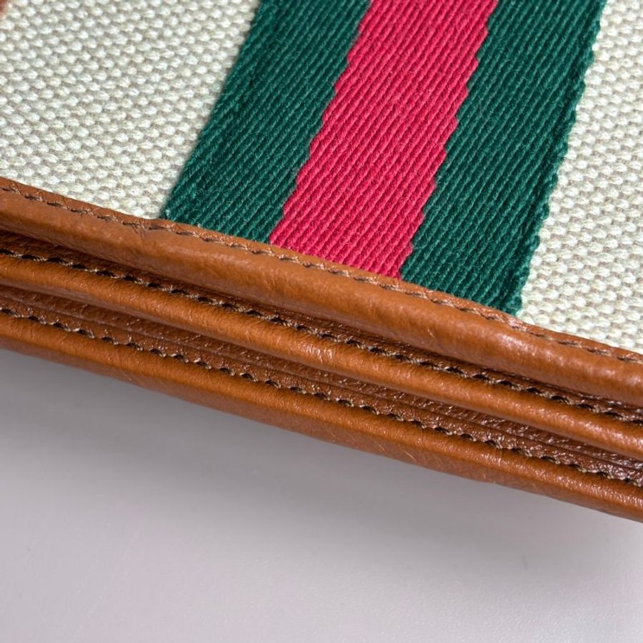 ::GUCCI:: 573790 Rajah米色帆布咖邊紅綠織布立體虎頭鏈帶對開短夾 小提包-9
