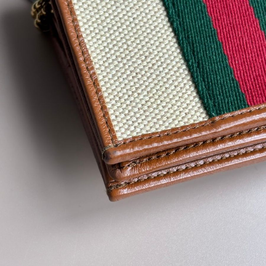 ::GUCCI:: 573790 Rajah米色帆布咖邊紅綠織布立體虎頭鏈帶對開短夾 小提包-10