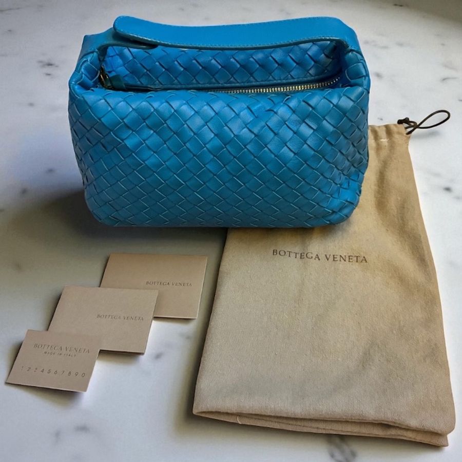 Bottega Veneta 寶緹嘉 經典 Intrecciato 編織小羊皮 短提把手提包 24x12x10cm 亮麗藍綠色 (近全新)-3