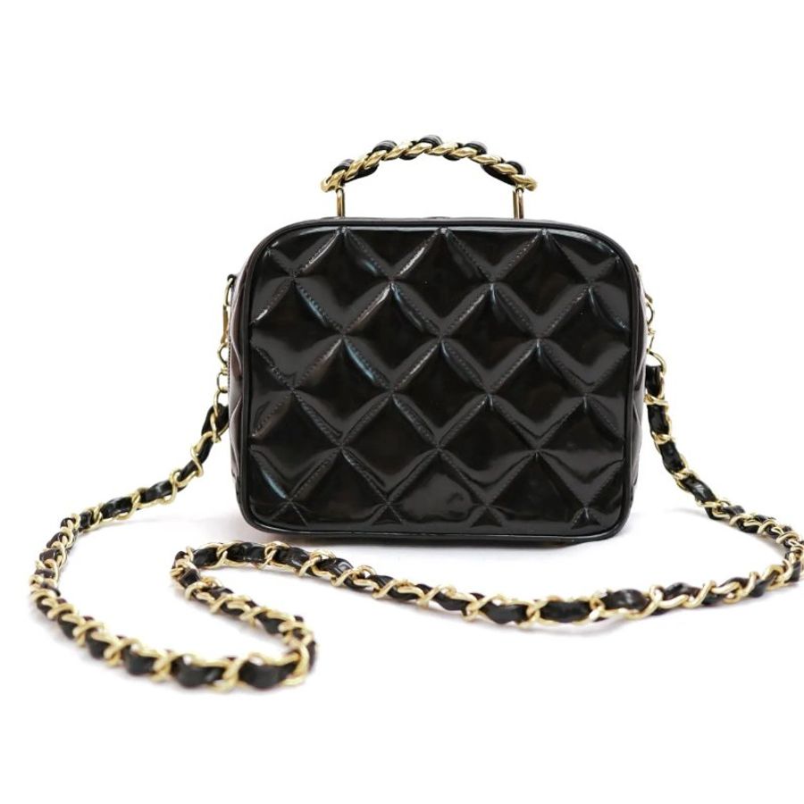 CHANEL Vintage 菱格漆皮皮革 Shoulder Bag 金扣 手挽肩背 兩用袋 黑色-0