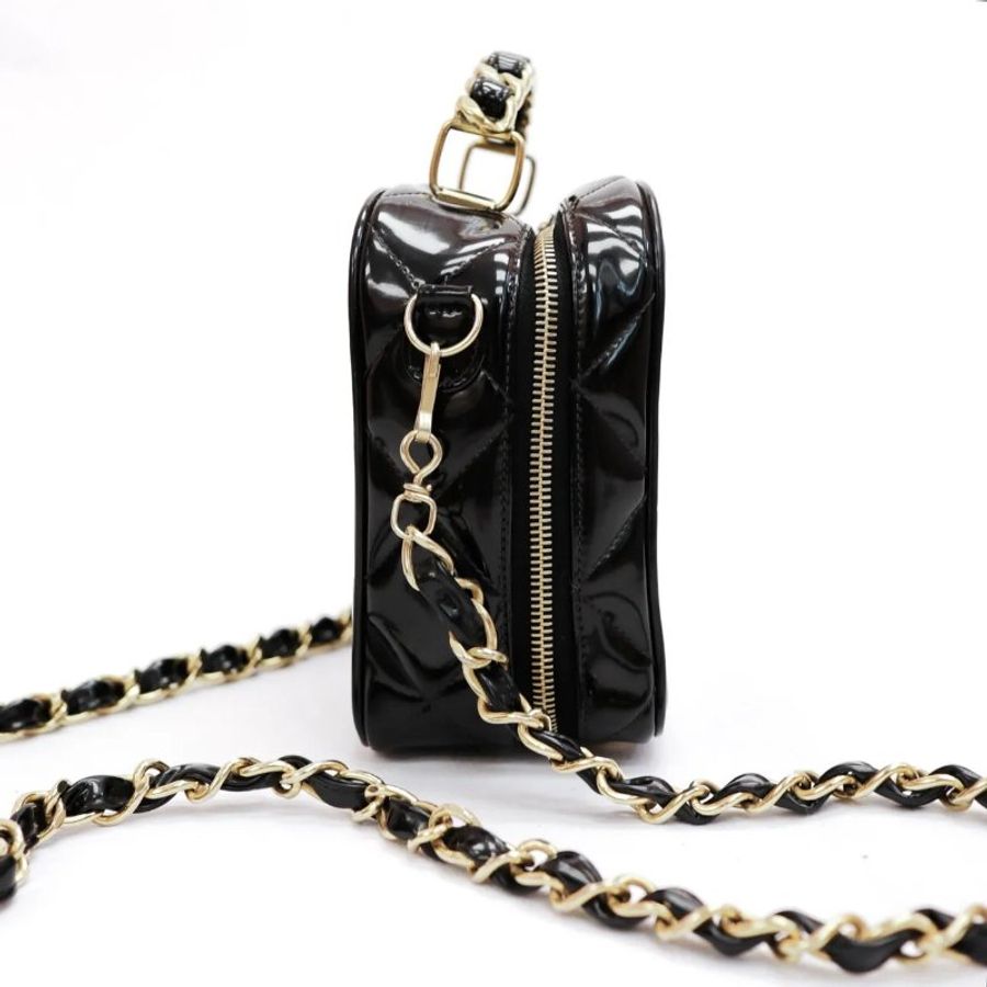 CHANEL Vintage 菱格漆皮皮革 Shoulder Bag 金扣 手挽肩背 兩用袋 黑色-3