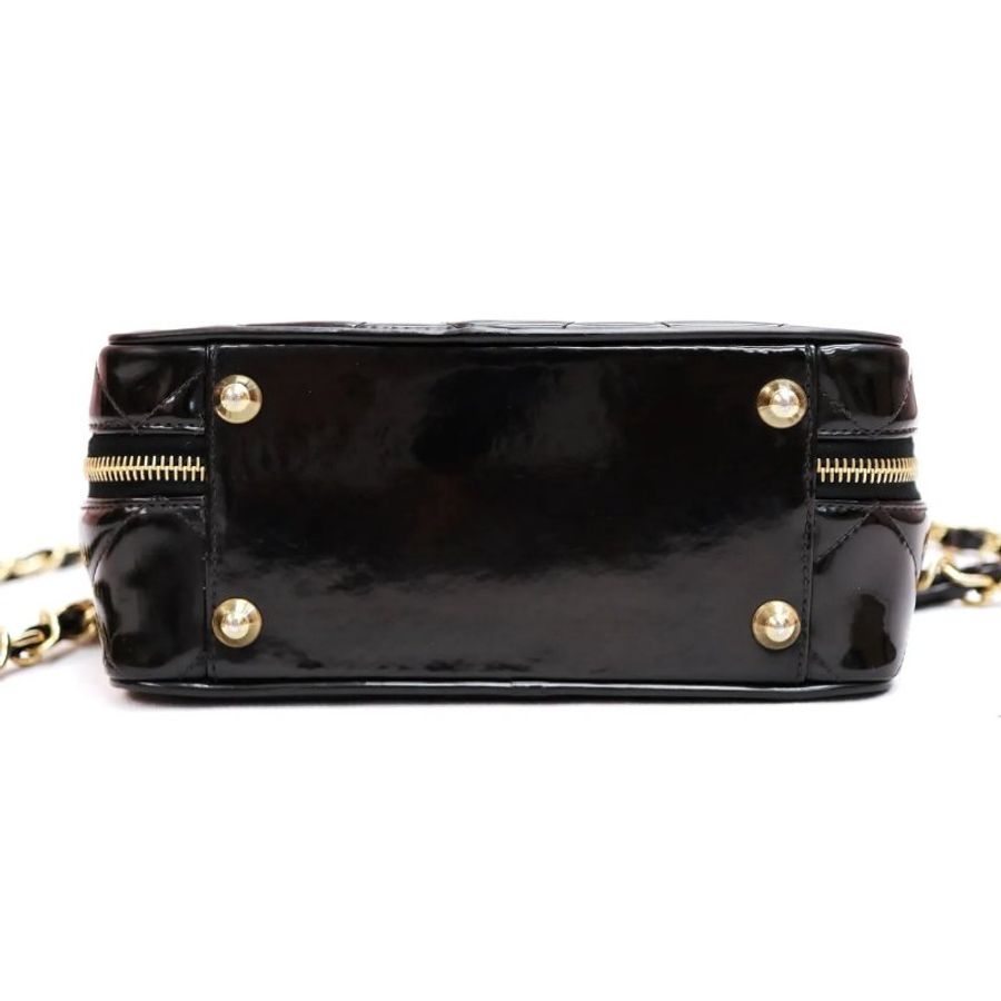 CHANEL Vintage 菱格漆皮皮革 Shoulder Bag 金扣 手挽肩背 兩用袋 黑色-4