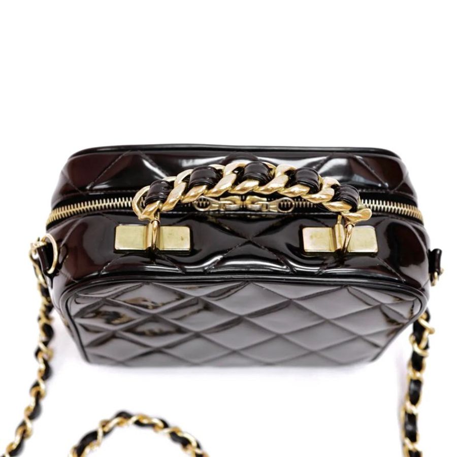CHANEL Vintage 菱格漆皮皮革 Shoulder Bag 金扣 手挽肩背 兩用袋 黑色-5