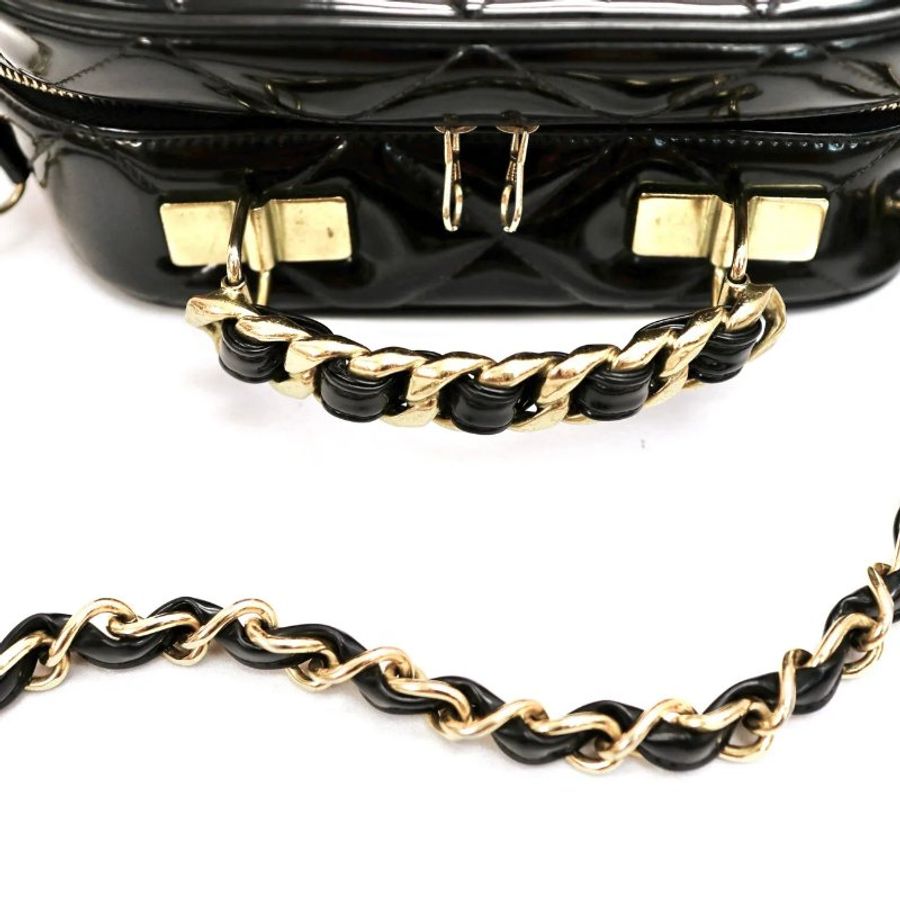 CHANEL Vintage 菱格漆皮皮革 Shoulder Bag 金扣 手挽肩背 兩用袋 黑色-7