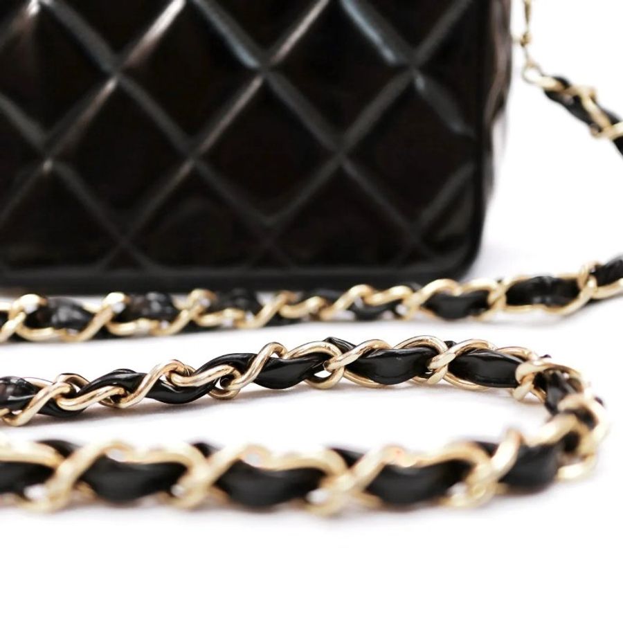 CHANEL Vintage 菱格漆皮皮革 Shoulder Bag 金扣 手挽肩背 兩用袋 黑色-8