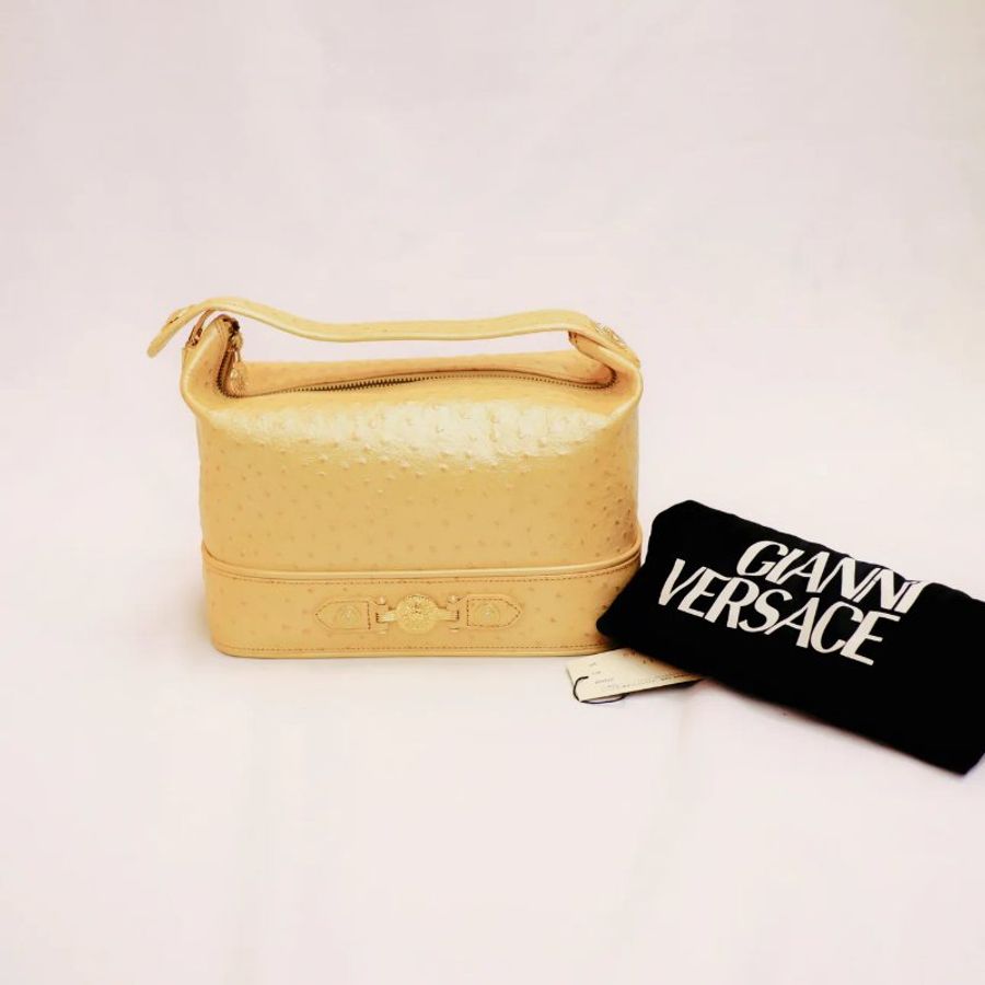 Versace 中古黃色鴕鳥皮手提盒形手袋 飯盒包-0