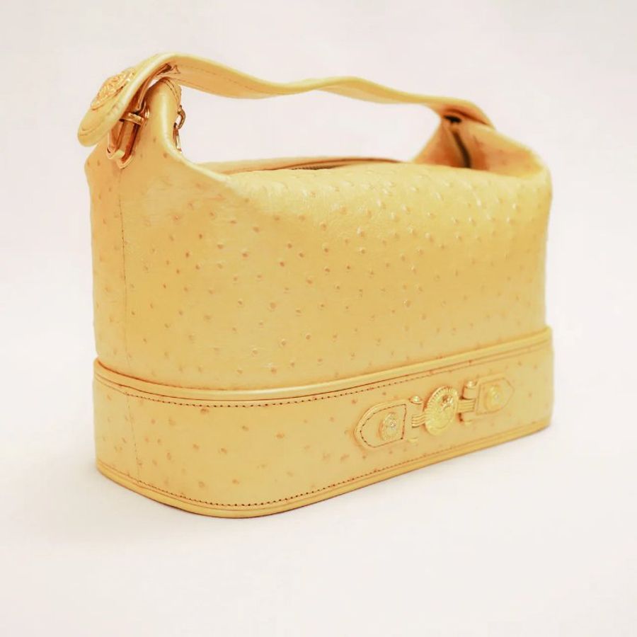 Versace 中古黃色鴕鳥皮手提盒形手袋 飯盒包-2