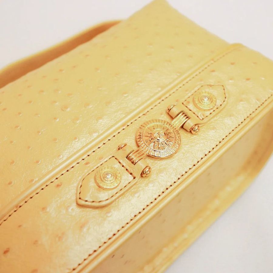 Versace 中古黃色鴕鳥皮手提盒形手袋 飯盒包-3