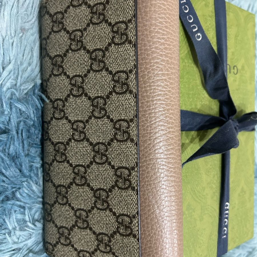 Gucci 古馳 456116 皮革拼接帆布 粉色翻蓋長夾-4