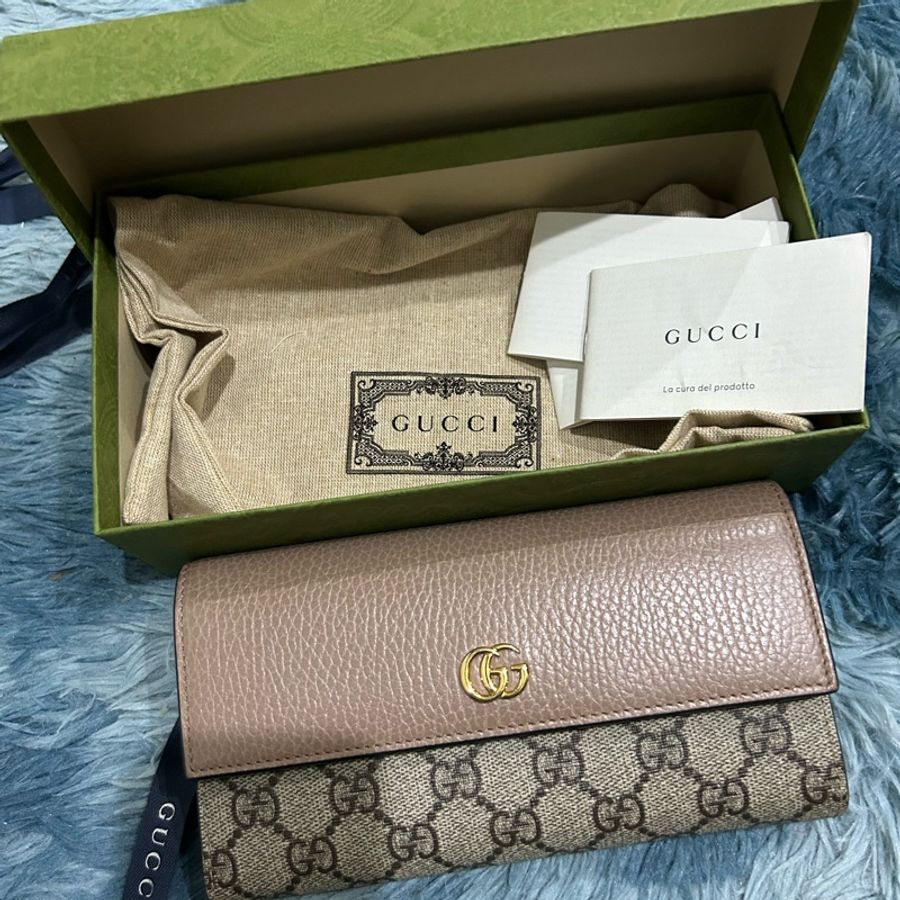 Gucci 古馳 456116 皮革拼接帆布 粉色翻蓋長夾-5