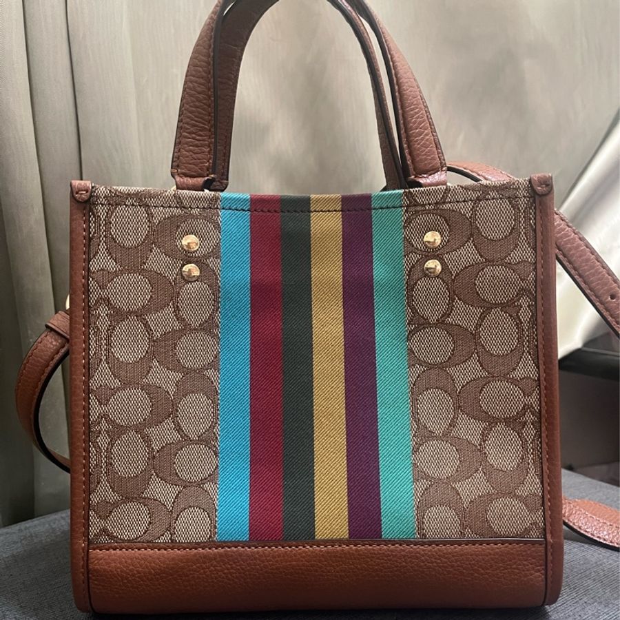 COACH 大圓標C LOGO織布拼牛皮手提/斜背琴譜兩用方包(焦糖配色)-8