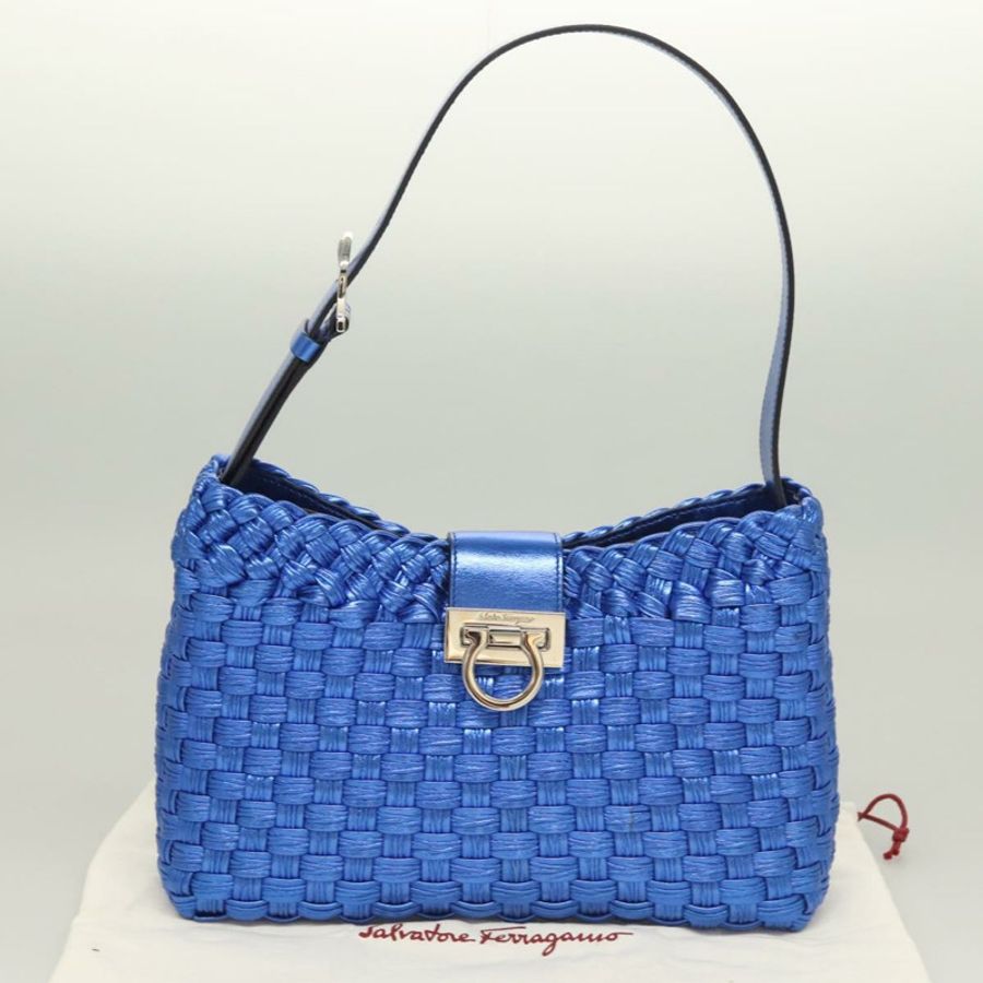 【日本直送】Salvatore Ferragamo Gancini 單背包,皮革材質,藍色/銀色,正品,貨號 128561V-11