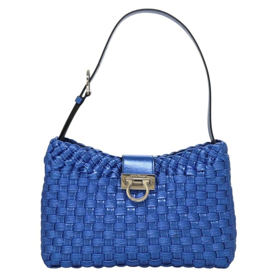 【日本直送】Salvatore Ferragamo Gancini 單背包,皮革材質,藍色/銀色,正品,貨號 128561V-12