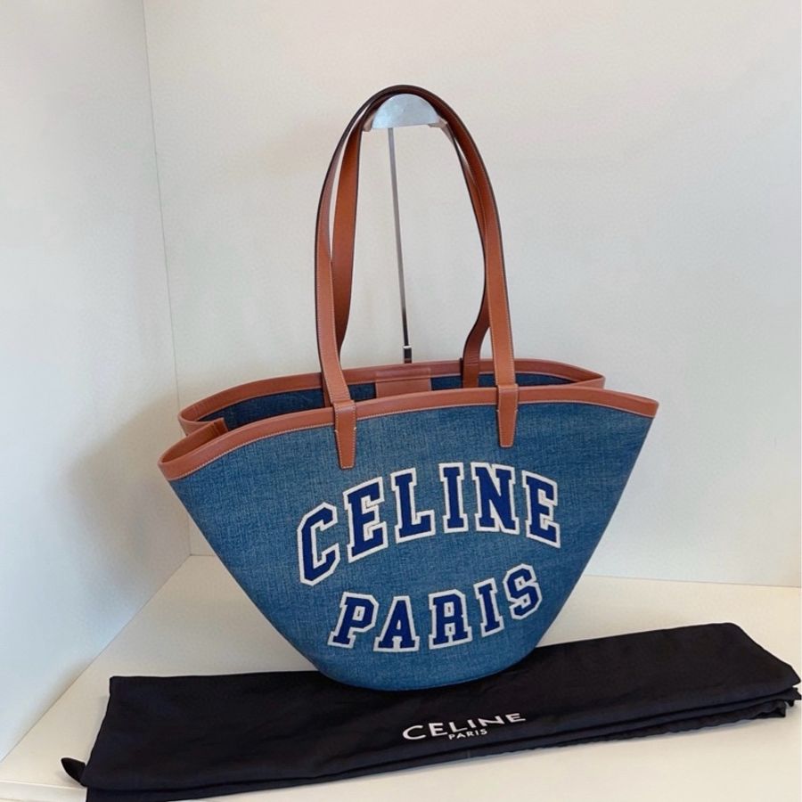 Celine賽琳 Couffin丹寧大字母logo貝殼Tote 休閒牛仔搭馬鞍棕肩帶 尺寸約23*32*20(包口68) 搭配單品王-1