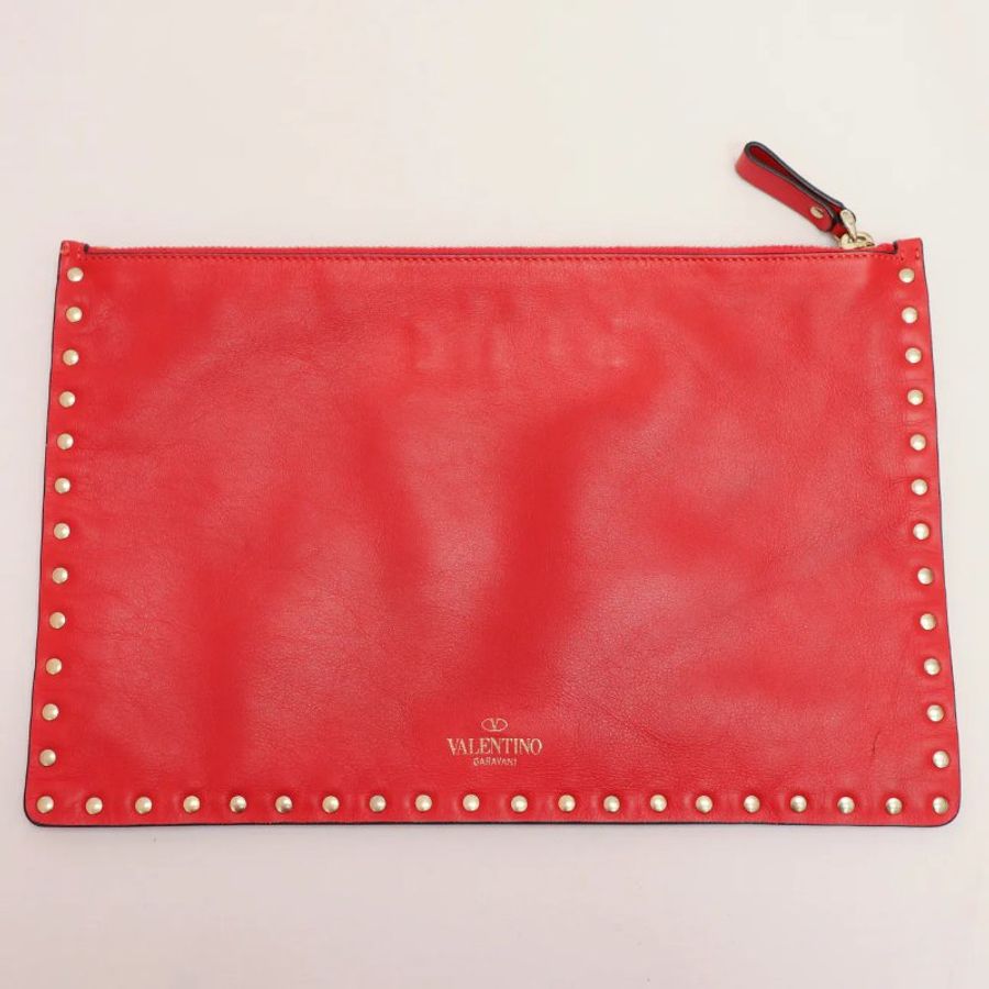 Valentino Rockstud 拉鏈手拿包 橘紅色 手包-0