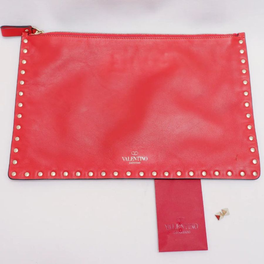 Valentino Rockstud 拉鏈手拿包 橘紅色 手包-3