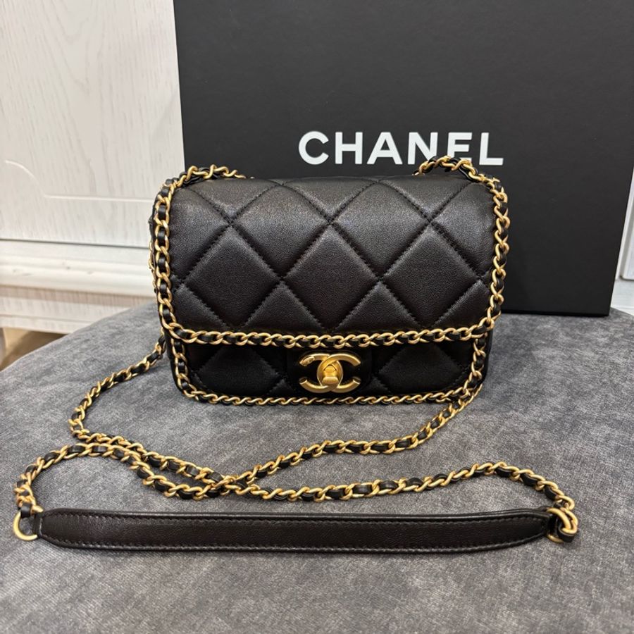 ‼️25年新款🆕Chanel黑金滾邊方胖子鏈條包手提斜挎包-3
