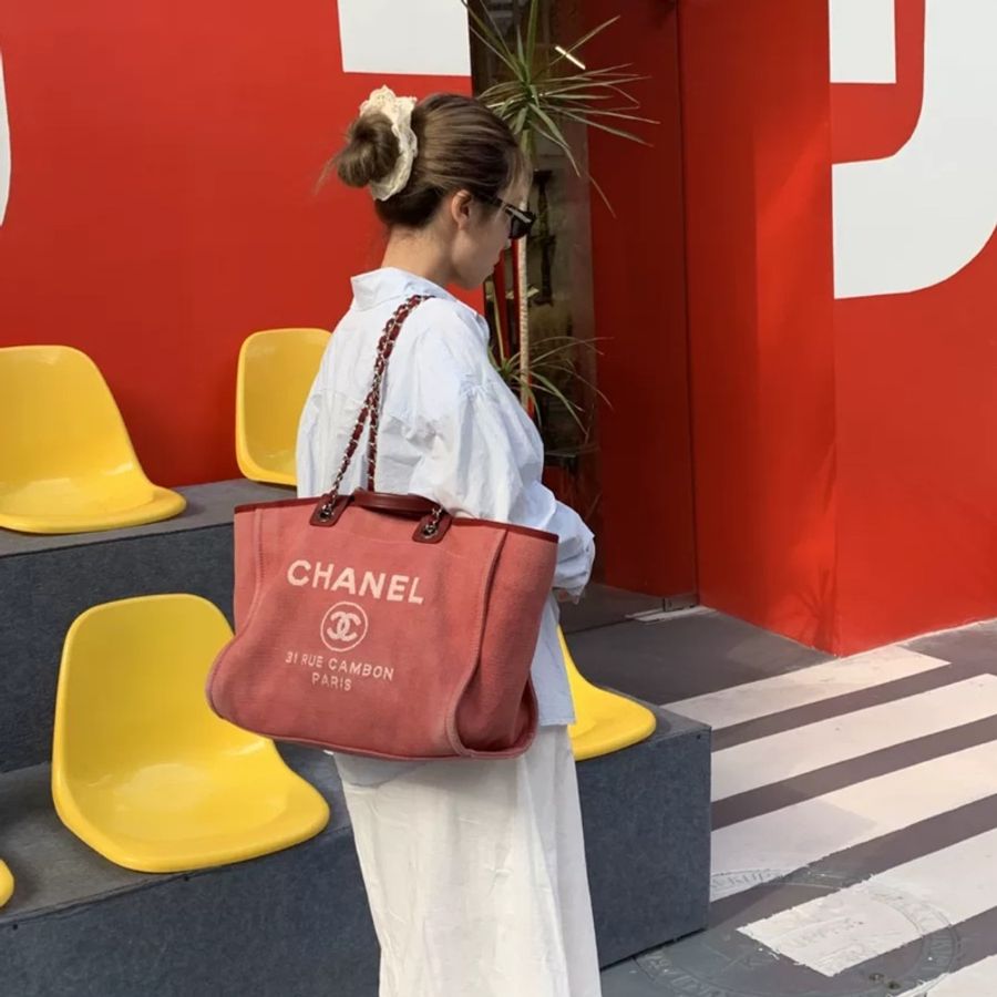 Chanel Deauville粉色編織沙灘包🉑肩背 #閒置新 送禮自用兩相宜❤️-6