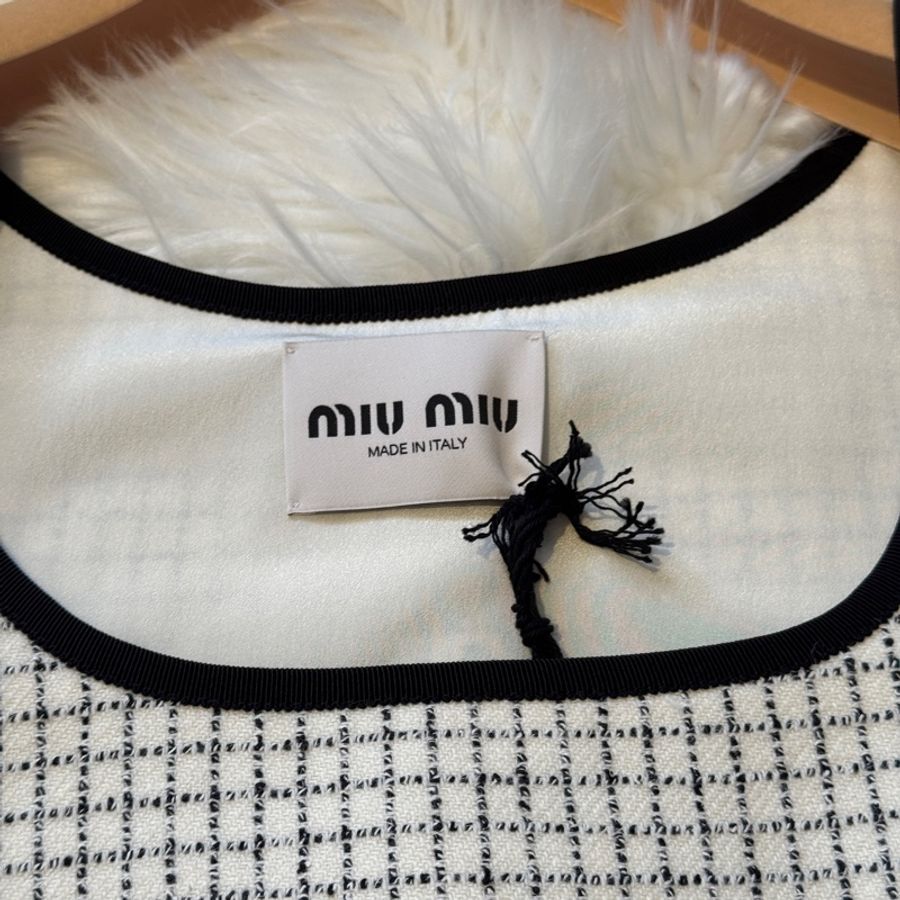 MIU MIU格子滿印圓領短款吊帶連衣裙 女款 白色-2