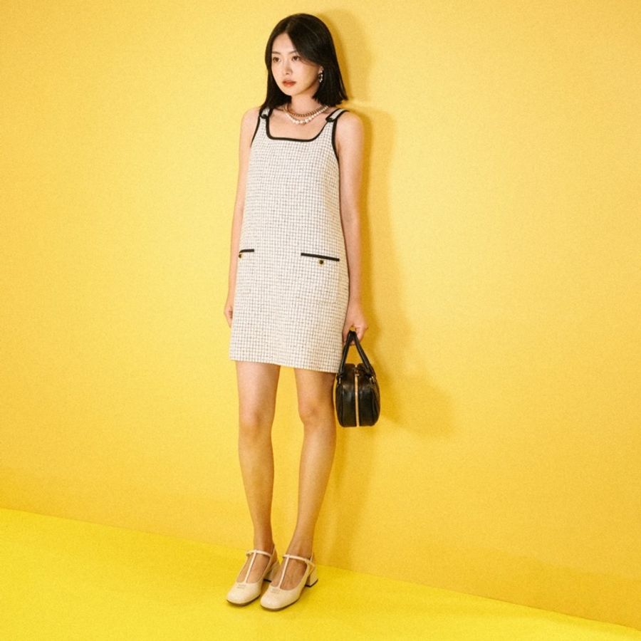 MIU MIU格子滿印圓領短款吊帶連衣裙 女款 白色-5