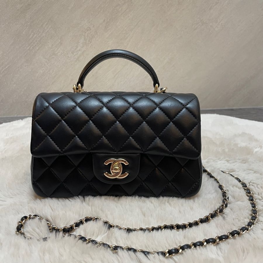 Chanel CF Mini Handle 20 黑色淡金釦 晶片款 羊皮-5