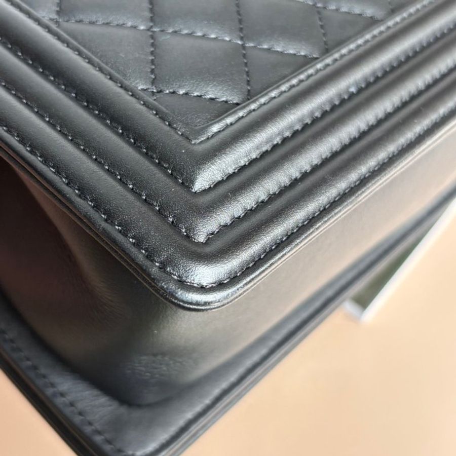 ::CHANEL:: 經典BOY 25黑菱格羊皮霧金斜背鏈包 肩背包-12