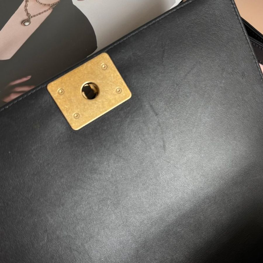 ::CHANEL:: 經典BOY 25黑菱格羊皮霧金斜背鏈包 肩背包-21