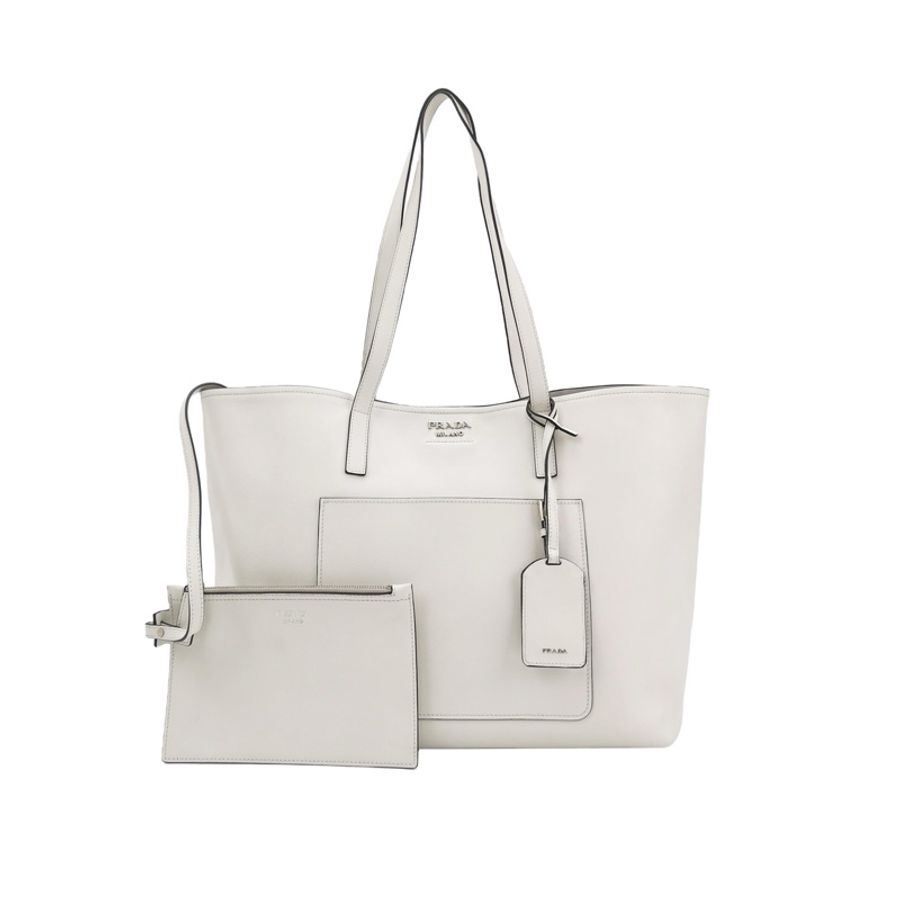 溫柔奶白色 ❤️Prada 牛皮純色字母Logo子母托特包-0