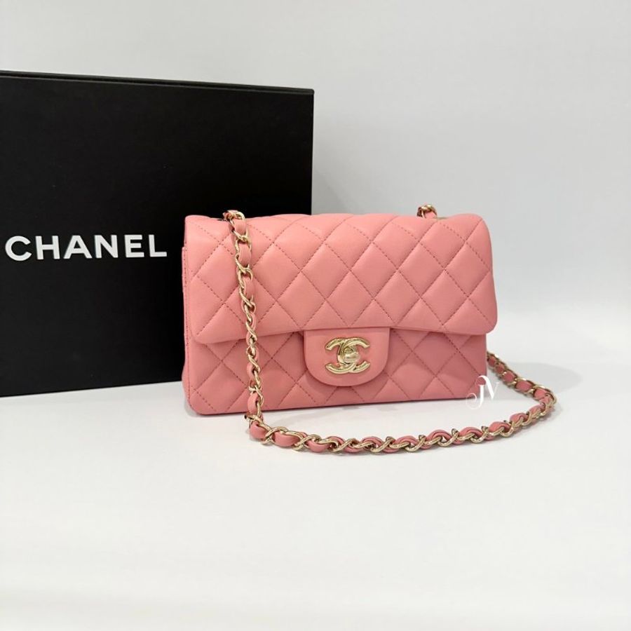 CHANEL 糖果粉羊皮菱格淡金釦 MINICOCO A69900-1