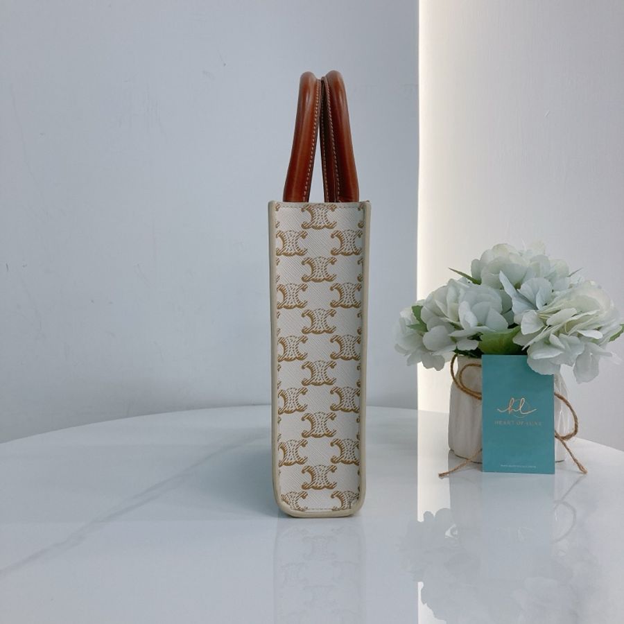 MS0278 賽琳 豎版 迷你 托特包 帆布 經典老花紋 手提 斜垮Celine Mini Vertical Cabas In Triomphe Canvas With Celine Print White-3