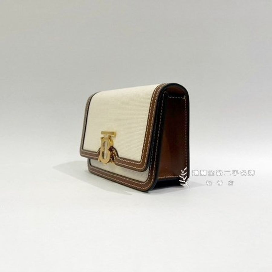 BURBERRY帆布焦糖牛皮TB釦肩背包-3