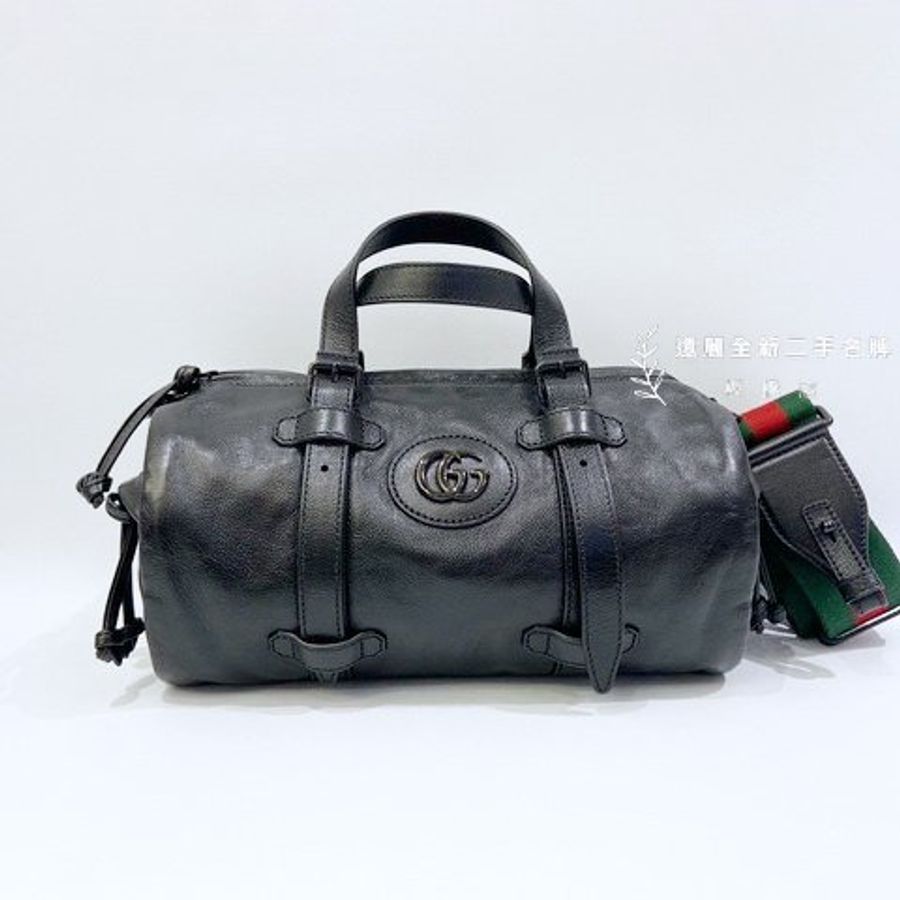 GUCCI黑牛皮黑釦小號手提肩背行李袋 725701-1