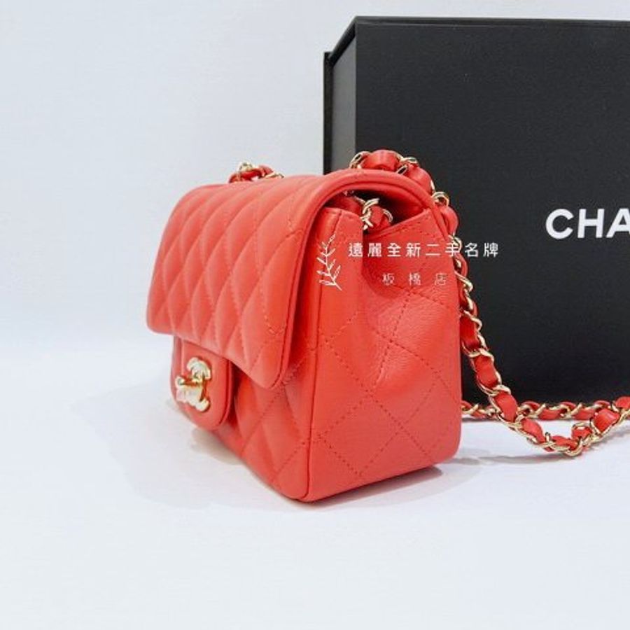 CHANEL橘紅色羊皮金釦方胖子 A35200-2