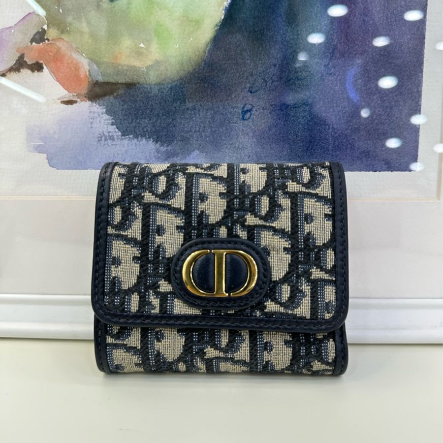 DIOR迪奥 30 Montaigne Oblique印花經典刺绣老花滿印三折 帆布 錢包 女款 牛仔藍色 22年編碼-1