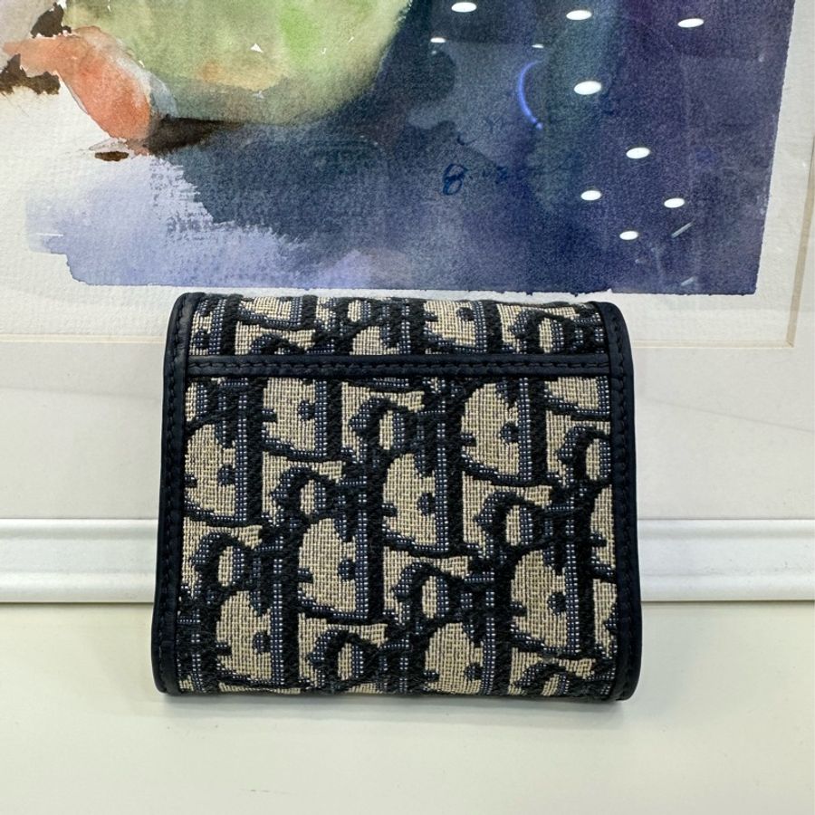 DIOR迪奥 30 Montaigne Oblique印花經典刺绣老花滿印三折 帆布 錢包 女款 牛仔藍色 22年編碼-2