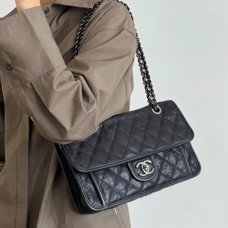 Chanel cf28黑銀荔枝牛皮口蓋包 #99新絕版收藏 #全配🈶購證-2