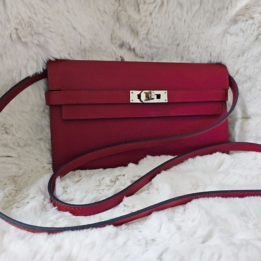 未使用 HERMÈS 長夾 可改Kelly To Go Wallet Epsom皮 銀扣 R刻 斜背包 Grenat 石榴紅色-0