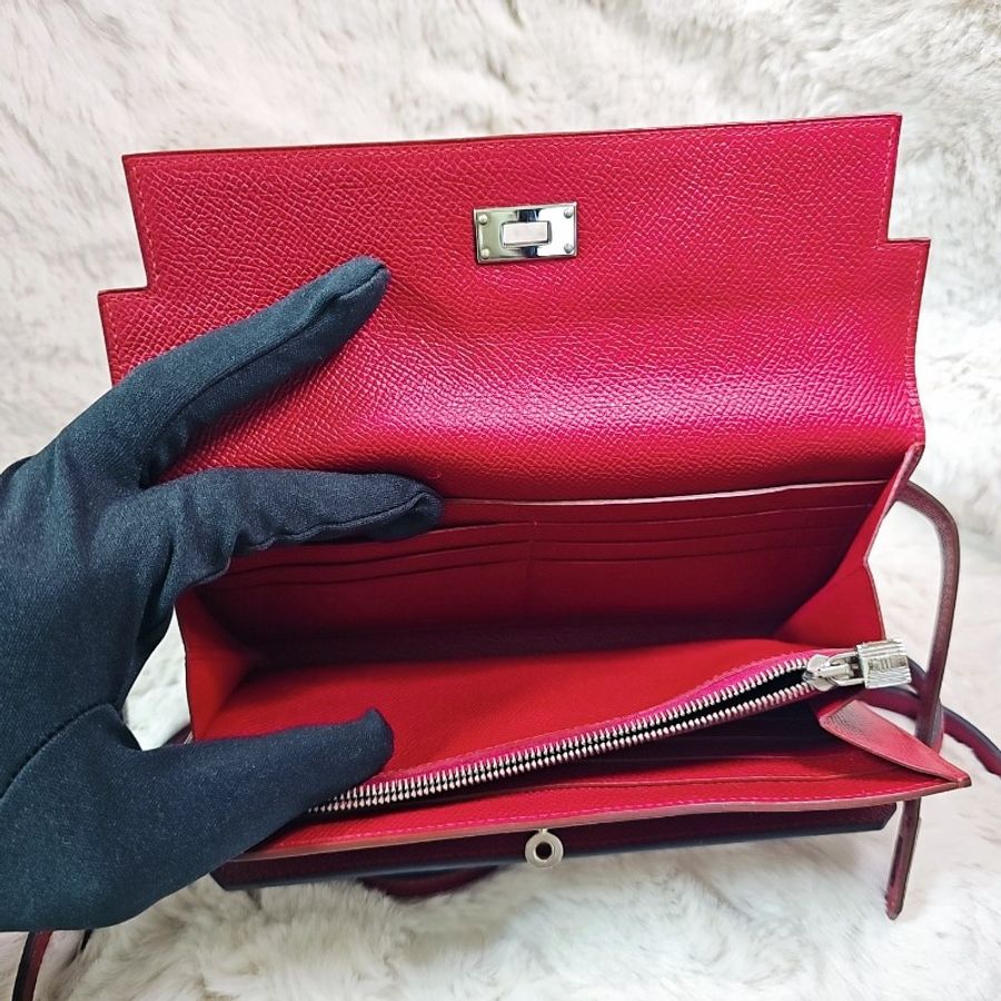 未使用 HERMÈS 長夾 可改Kelly To Go Wallet Epsom皮 銀扣 R刻 斜背包 Grenat 石榴紅色-5