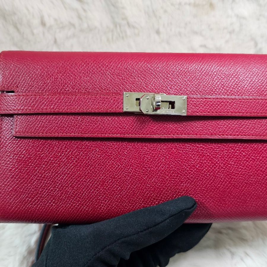 未使用 HERMÈS 長夾 可改Kelly To Go Wallet Epsom皮 銀扣 R刻 斜背包 Grenat 石榴紅色-10