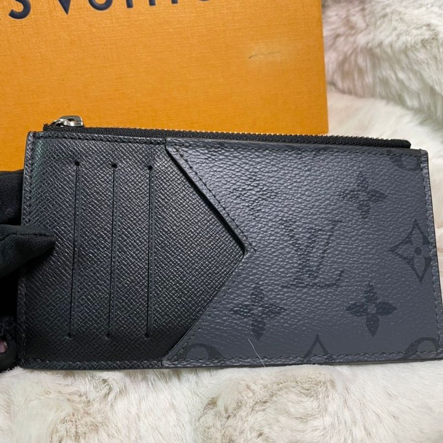 LV Louis Vuitton Monogram Eclipse 拉鍊零錢卡夾 黑花皮革 短夾-1