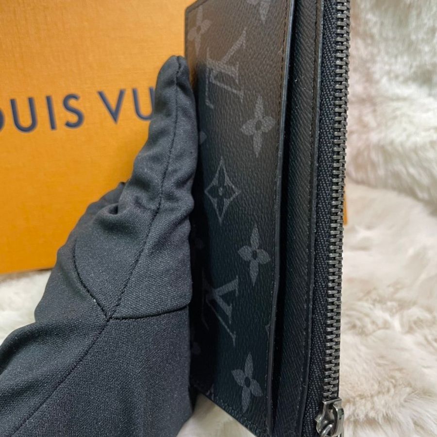 LV Louis Vuitton Monogram Eclipse 拉鍊零錢卡夾 黑花皮革 短夾-3