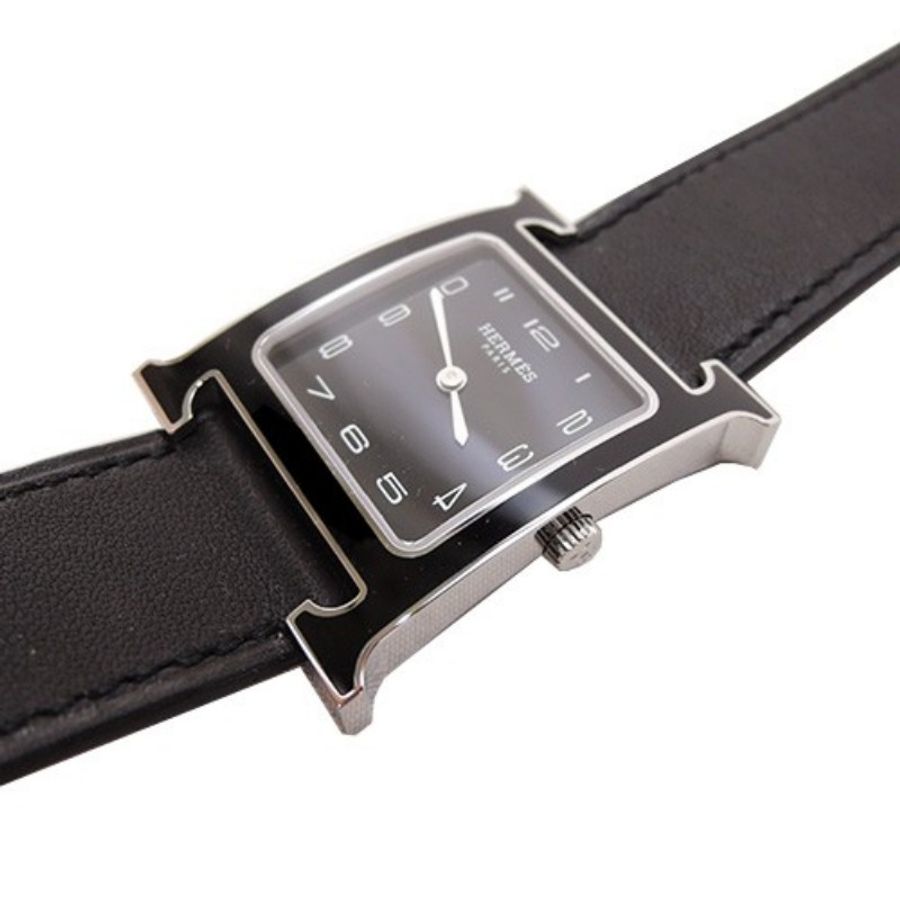 Hermes 愛馬仕 Heure H小牛皮全黑琺瑯框石英腕錶(黑/26mm)-0
