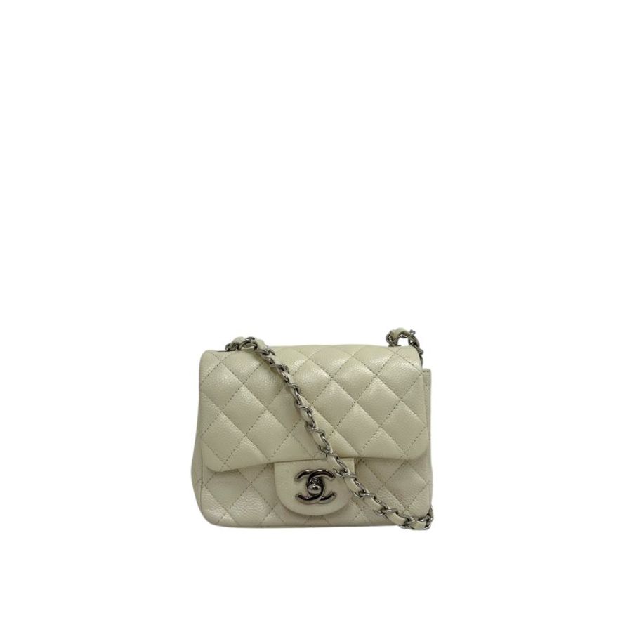 CHANEL 荔枝皮 CF17 白色銀扣 小號經典翻蓋包(二手)M3258-1