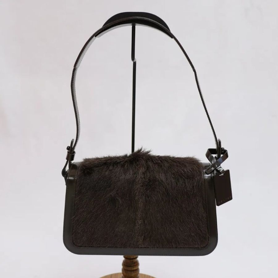 Celine 中古品啡色鬃毛翻蓋腋下包-2