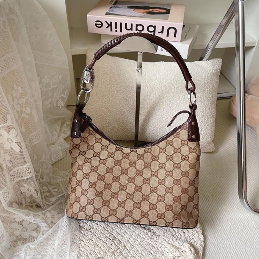 「JL精品代購」Gucci棕色帆布拼皮手提單肩牛角包-4