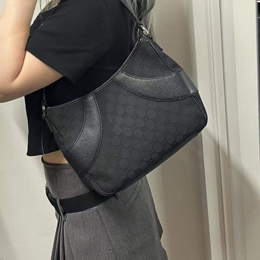 「JL精品代購」Gucci黑色帆布拼皮手提腋下托特包-1